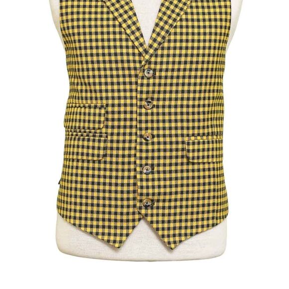 Mens Vest 44R Yellow Black Check Wool Waistcoat XL Formal Wedding Groom Party - Picture 5 of 8